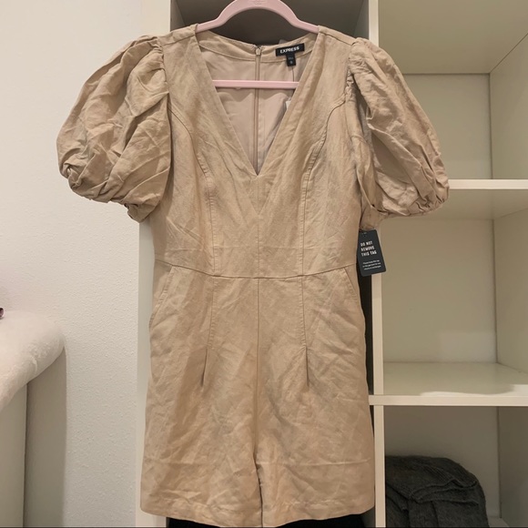 Express Linen-Blend Puff Sleeve Romper SZ XS - Picture 4 of 5